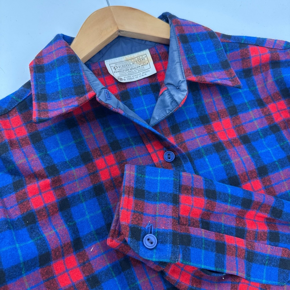 Pendleton Womens Blue Red Plaid Virgin Wool Button Up Shirt Size Large USA Made